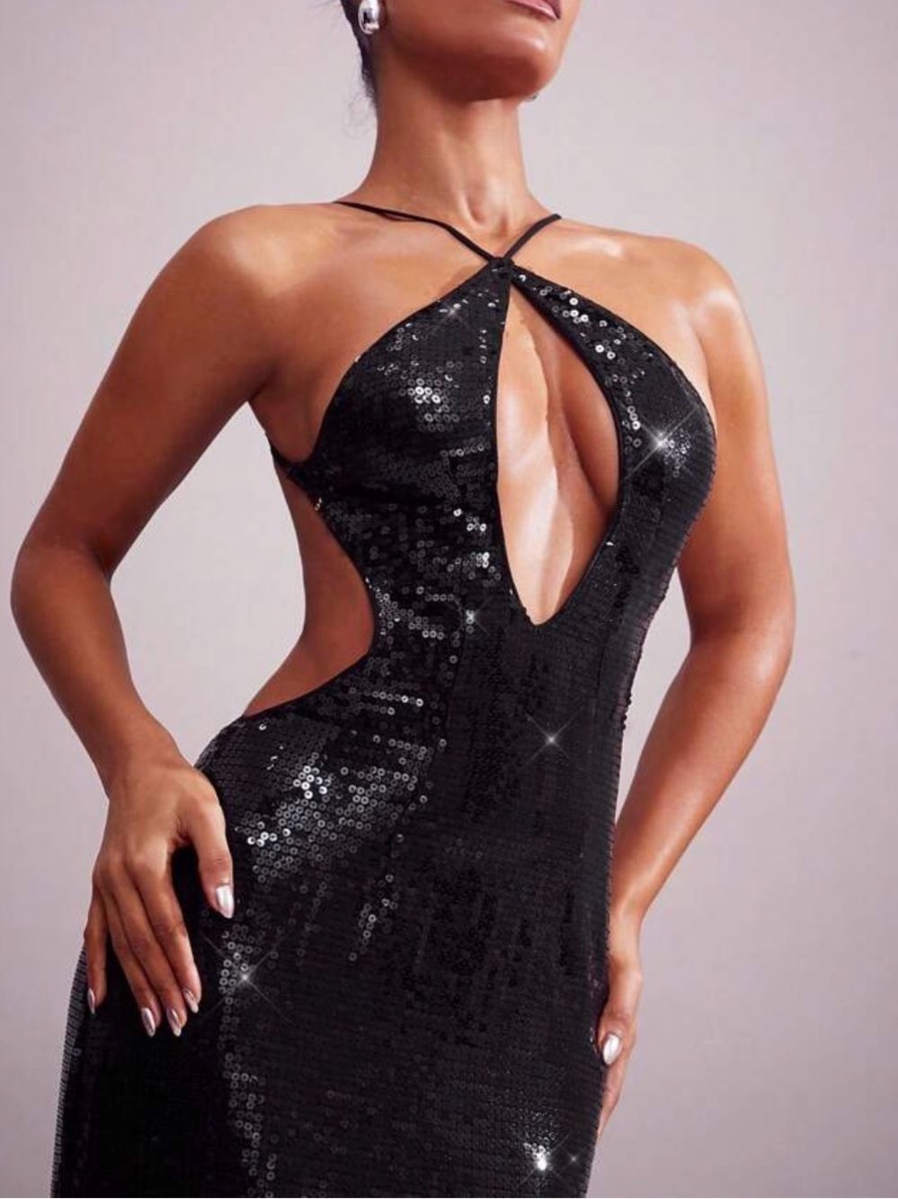 SHEIN Black Sequin Halter Cutout Evening Dress
